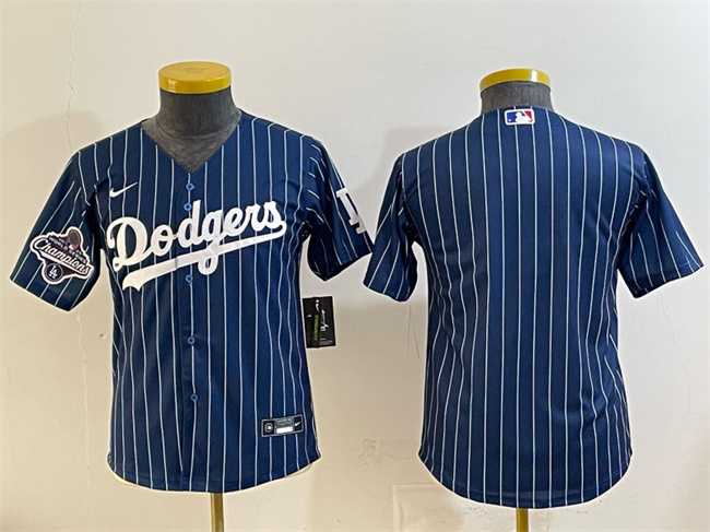Youth Los Angeles Dodgers Blank Navy Pinstripe 2025 World Series Champions Patch Cool Base Stitched Jersey->mlb youth jerseys->MLB Jersey