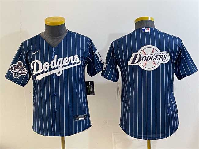 Youth Los Angeles Dodgers Team Big Logo Navy Pinstripe 2025 World Series Champions Patch Cool Base Stitched Jersey->mlb youth jerseys->MLB Jersey