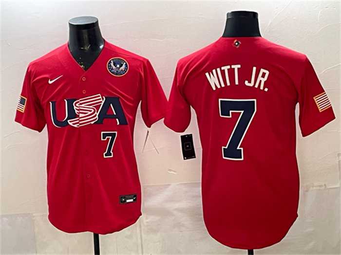 Mens USA Baseball #7 Bobby Witt Jr. Red 2026 World Baseball Classic United States 250th Anniversary Patch Stadium Stitched Jersey->2026 world baseball classic->MLB Jersey