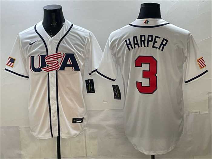 Mens USA Baseball #3 Bryce Harper White 2026 World Baseball Classic Home Stadium Stitched Jersey->2026 world baseball classic->MLB Jersey