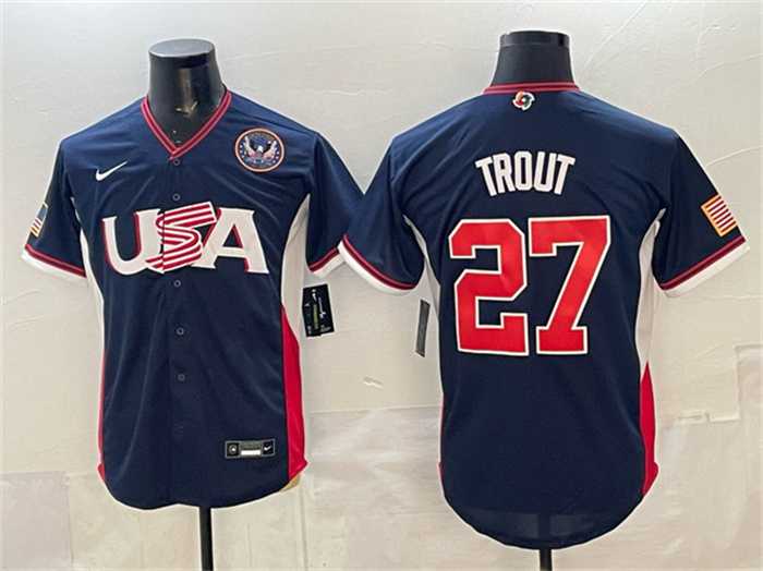 Mens USA Baseball #27 Mike Trout Navy 2026 World Baseball Classic United States 250th Anniversary Patch Road Stadium Stitched Jersey->2026 world baseball classic->MLB Jersey