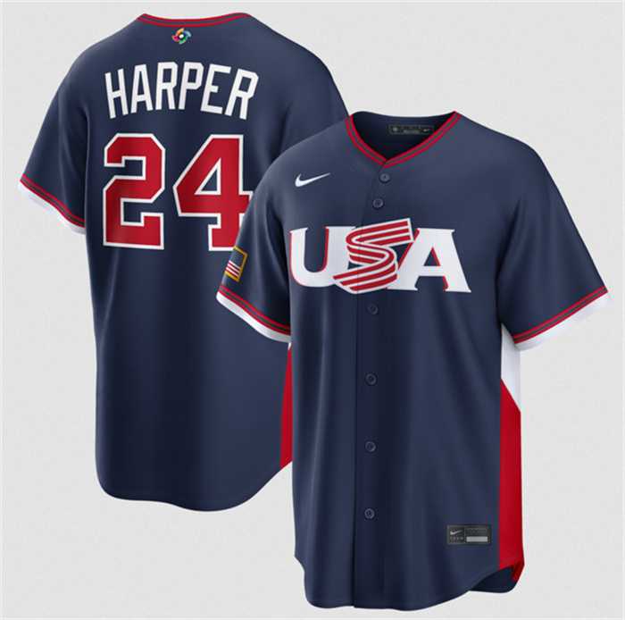 Mens USA Baseball #24 Bryce Harper Navy 2026 World Baseball Classic Road Stadium Stitched Jersey->2026 world baseball classic->MLB Jersey