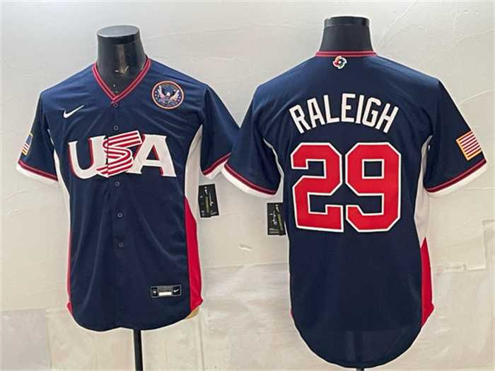 Mens USA Baseball #29 Cal Raleigh Navy 2026 World Baseball Classic United States 250th Anniversary Patch Road Stadium Stitched Jersey->2026 world baseball classic->MLB Jersey