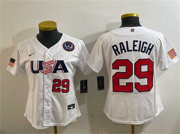 Womens USA Baseball #29 Cal Raleigh White 2026 World Baseball Classic United States 250th Anniversary Patch Stadium Stitched Baseball Jersey(Run Small)->2026 world baseball classic->MLB Jersey