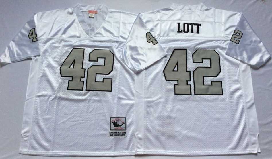 Mens Raiders #42 Ronnie Lott White Silver Number Throwback Stitched Football Jersey->las vegas raiders->NFL Jersey