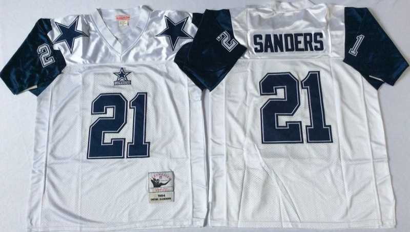 Mens Dallas Cowboys #21 Deion Sanders White Throwback Stitched Football Jersey->dallas cowboys->NFL Jersey