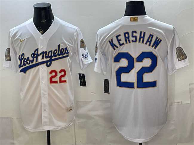 Mens Los Angeles Dodgers #22 Clayton Kershaw White 2026 Gold Collection 9x & B2B Champs Patch Stitched Jersey Dzhi->los angeles dodgers->MLB Jersey