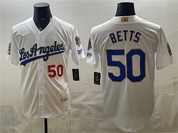 Mens Los Angeles Dodgers #50 Mookie Betts White 2026 Gold Collection 9x & B2B Champs Patch Stitched Jersey Dzhi->los angeles dodgers->MLB Jersey