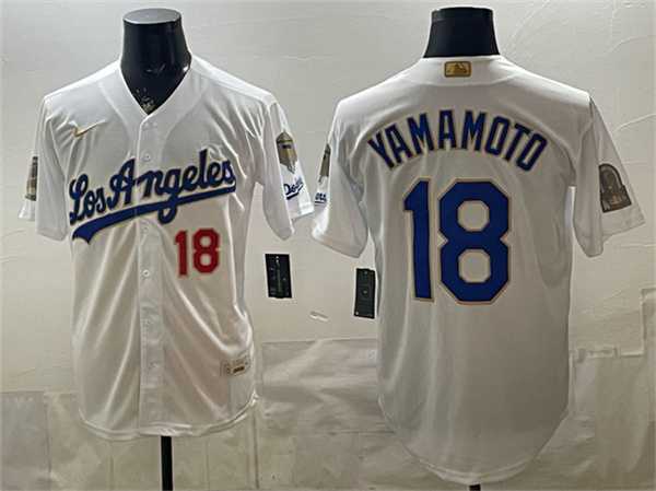 Mens Los Angeles Dodgers #18 Yoshinobu Yamamoto White 2026 Gold Collection 9x & B2B Champs Patch Stitched Jersey Dzhi->los angeles dodgers->MLB Jersey