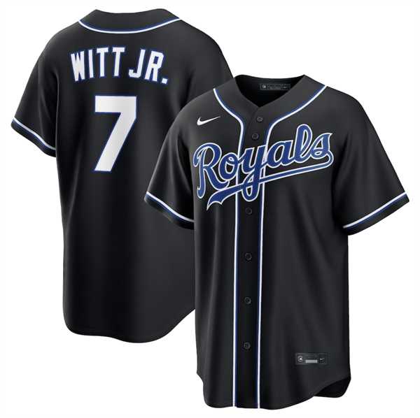 Men%27s Kansas City Royals #7 Bobby Witt Jr. Black Out Stitched Jersey Dzhi->kansas city royals->MLB Jersey