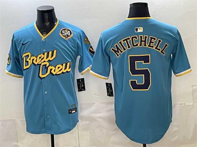 Mens Milwaukee Brewers #5 Garrett Mitchell Powder Blue City Connect With Home & Bob Uecker Patch Limited Stitched Jersey Dzhi->milwaukee brewers->MLB Jersey