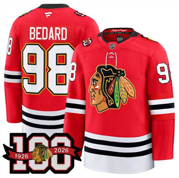 Mens Chicago Blackhawks #98 Connor Bedard Red 2025 Home 100th Anniversary Stitched Hockey Jersey Dzhi->chicago blackhawks->NHL Jersey