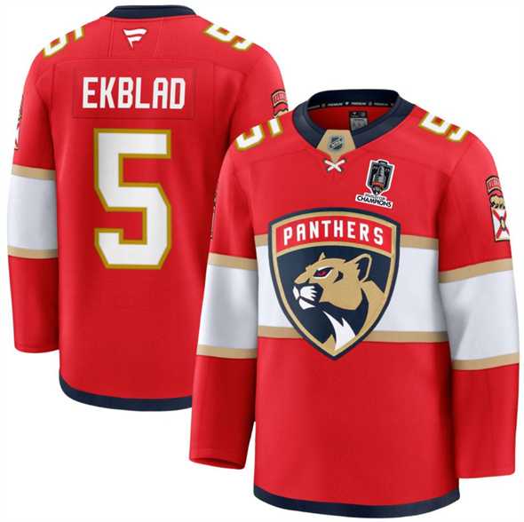 Mens Florida Panthers #5 Aaron Ekblad Red Home 2025 Stanley Cup Champions Patch Stitched Jersey Dzhi->florida panthers->NHL Jersey