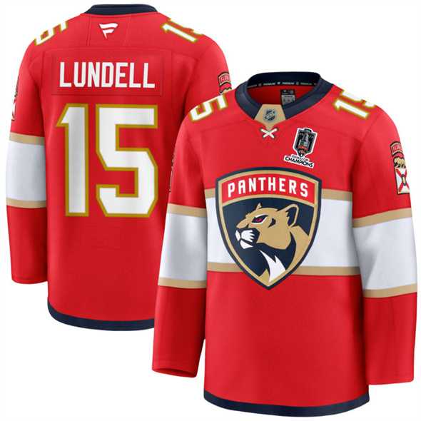 Mens Florida Panthers #15 Anton Lundell Red Home 2025 Stanley Cup Champions Patch Stitched Jersey Dzhi->florida panthers->NHL Jersey