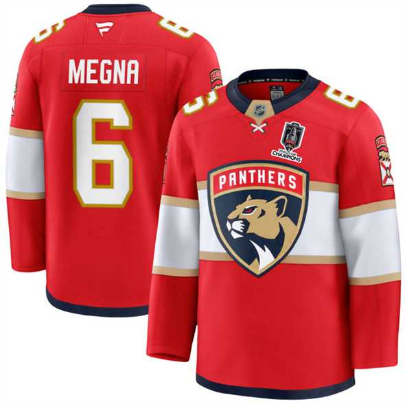 Mens Florida Panthers #6 Jaycob Megna Red Home 2025 Stanley Cup Champions Patch Stitched Jersey Dzhi->florida panthers->NHL Jersey