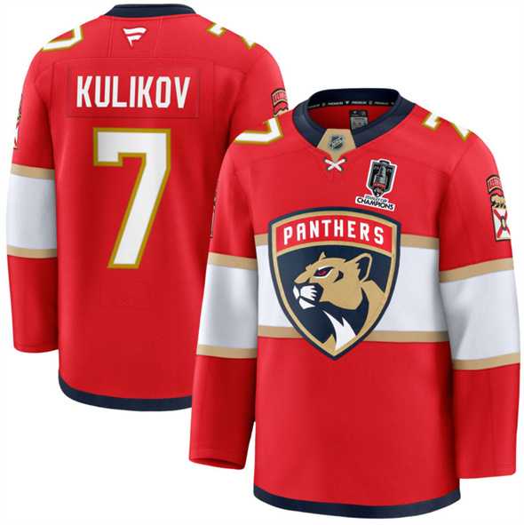 Mens Florida Panthers #7 Dmitry Kulikov Red Home 2025 Stanley Cup Champions Patch Stitched Jersey Dzhi->florida panthers->NHL Jersey