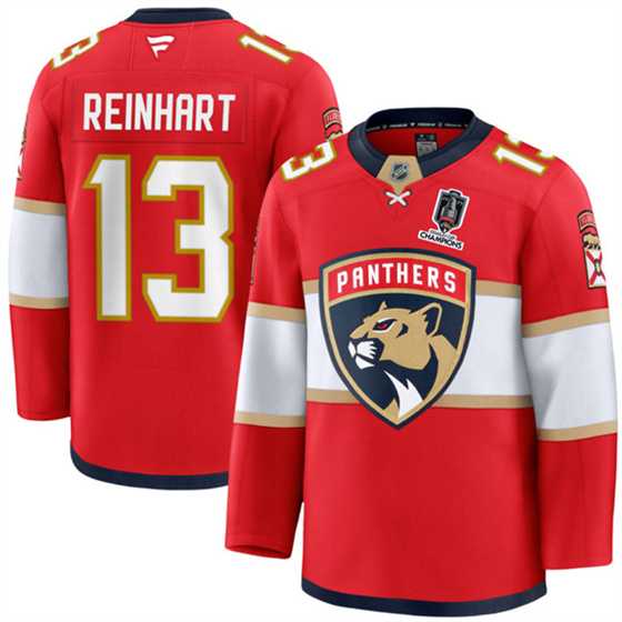 Mens Florida Panthers #13 Sam Reinhart Red Home 2025 Stanley Cup Champions Patch Stitched Hockey Jersey Dzhi->florida panthers->NHL Jersey