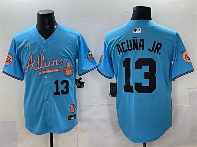 Men%27s Atlanta Braves #13 Ronald Acuna Jr. Blue 2024 Atliens & Peach With Outkast Patch Vapor Limited Stitched Jersey->customized nfl jersey->Custom Jersey