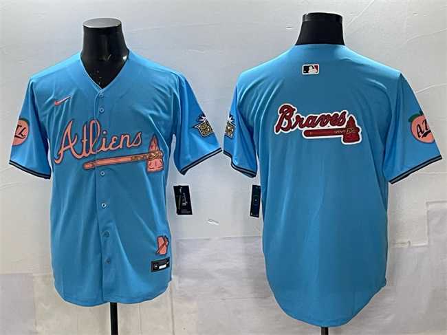 Mens Atlanta Braves Team Big Logo Blue 2024 Atliens & Peach With Outkast Patch Vapor Limited Stitched Jersey->atlanta braves->MLB Jersey