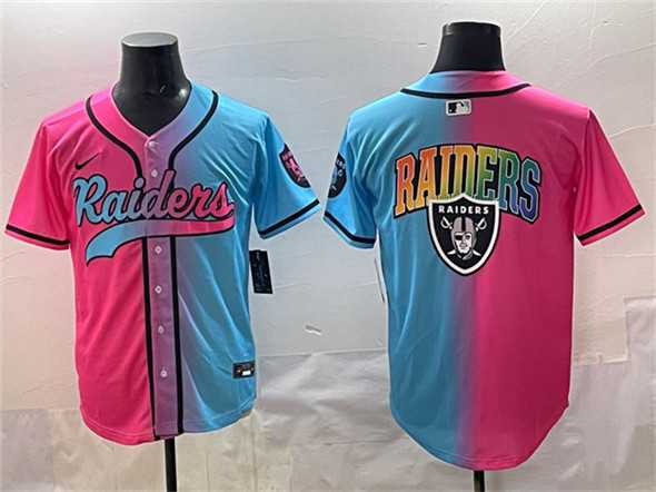 Mens Las Vegas Raiders Team Big Logo Pink Blue Limited Stitched Baseball Jersey1->las vegas raiders->NFL Jersey