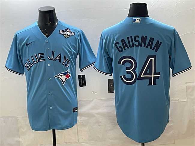 Mens Toronto Blue Jays #34 Kevin Gausman Blue 2025 World Series Cool Base Stitched Jersey->toronto blue jays->MLB Jersey