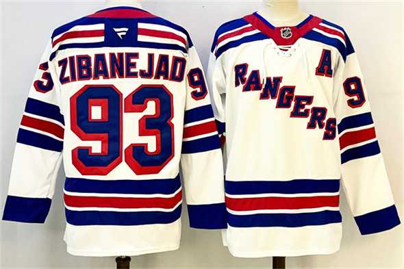 Mens New York Rangers #93 Mika Zibanejad White With A Patch 2024-25 Away Stitched Jersey->new york rangers->NHL Jersey