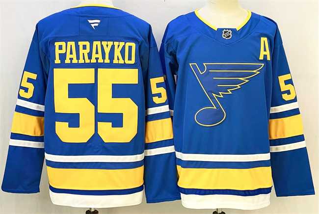 Mens St. Louis Blues #55 Colton Parayko Blue 2025 With A Patch Stitched Hockey Jersey->st.louis blues->NHL Jersey