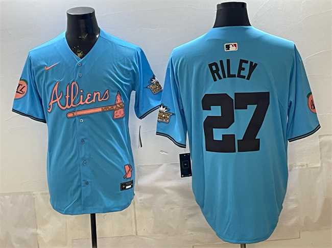 Mens Atlanta Braves #27 Austin Riley Blue 2024 Atliens & Peach With Outkast Patch Vapor Limited Stitched Jersey Dzhi->atlanta braves->MLB Jersey