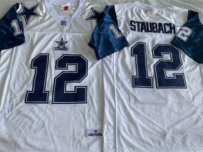 Mens Dallas Cowboys #12 Roger Staubach White Throwback Stitched Jersey->dallas cowboys->NFL Jersey