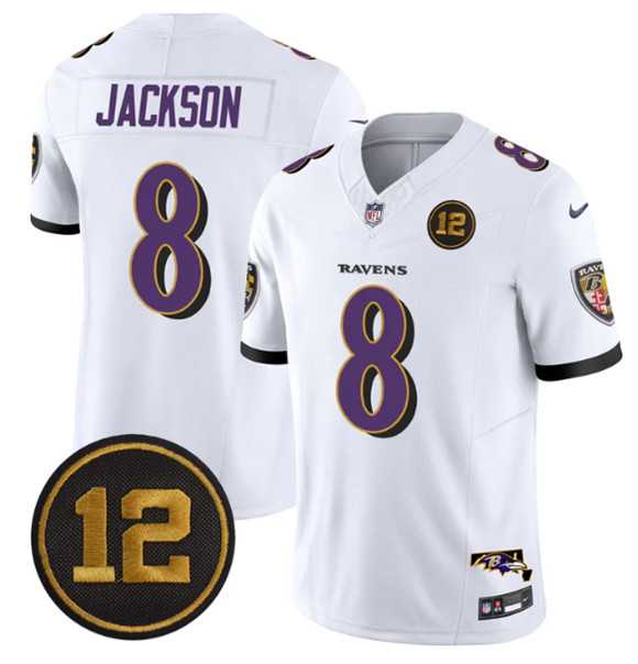 Mens Baltimore Ravens #8 Lamar Jackson White 2025 F.U.S.E Jacoby Jones Patch Vapor Limited Jersey Dzhi->baltimore ravens->NFL Jersey