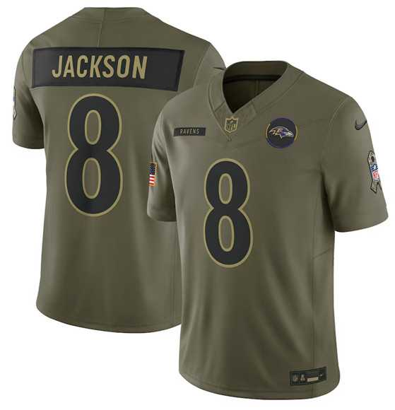 Mens Baltimore Ravens #8 Lamar Jackson Olive 2025 Salute to Service Limited Stitched Jersey Dyin->baltimore ravens->NFL Jersey
