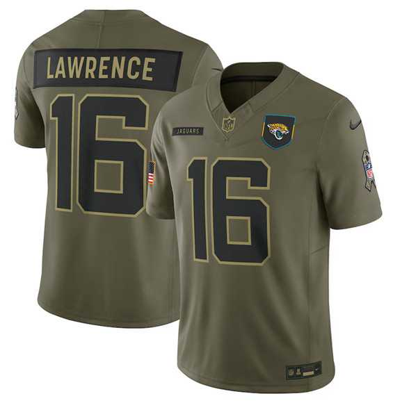 Mens Jacksonville Jaguars #16 Trevor Lawrence Olive 2025 Salute to Service Limited Stitched Jersey Dyin->jacksonville jaguars->NFL Jersey
