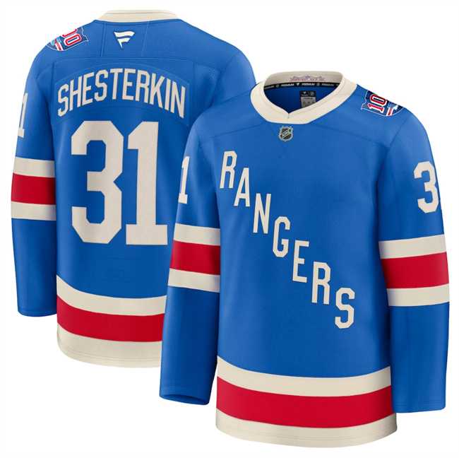 Mens New York Rangers #31 Igor Shesterkin Blue Centennial Stitched Jersey Dzhi->new york rangers->NHL Jersey
