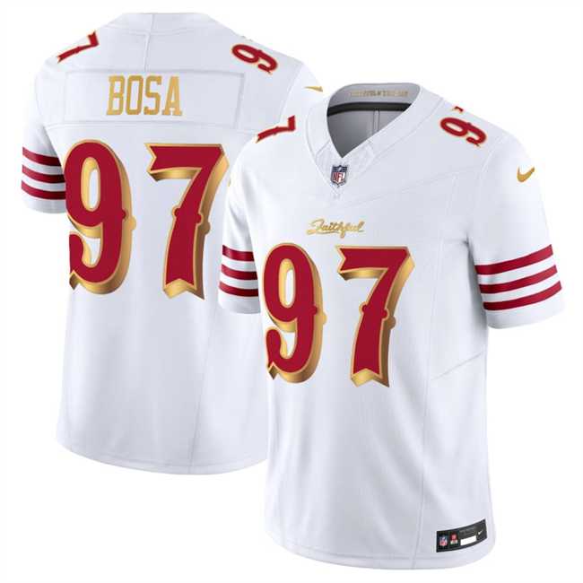 Mens San Francisco 49ers #97 Nick Bosa White Gold 2025 F.U.S.E. Rivalries Vapor Limited Stitched Jersey->san francisco 49ers->NFL Jersey