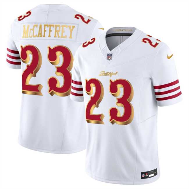 Mens San Francisco 49ers #23 Christian McCaffrey White Gold 2025 F.U.S.E. Rivalries Vapor Limited Stitched Jersey->san francisco 49ers->NFL Jersey