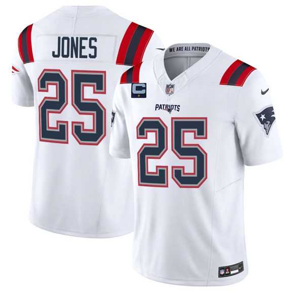 Mens New England Patriots #25 Marcus Jones White 2025 F.U.S.E. With 1-Star C Patch Vapor Limited Stitched Jersey Dzhi->new england patriots->NFL Jersey