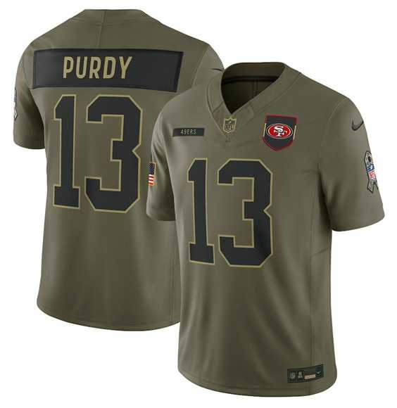 Mens San Francisco 49ers #13 Brock Purdy Olive 2025 Salute to Service Limited Stitched Jersey Dyin->san francisco 49ers->NFL Jersey