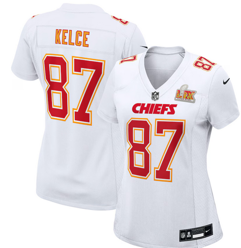 Women's Nike #87 Travis Kelce Tundra White Kansas City Chiefs Super Bowl LIX Fashion Game Jersey->women nfl jersey->Women Jersey